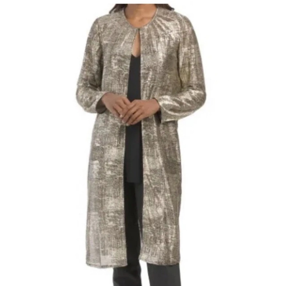 Anne Klein Womens Metallic Gold Sheer Duster‎ Cardigan Open Front Longline Small